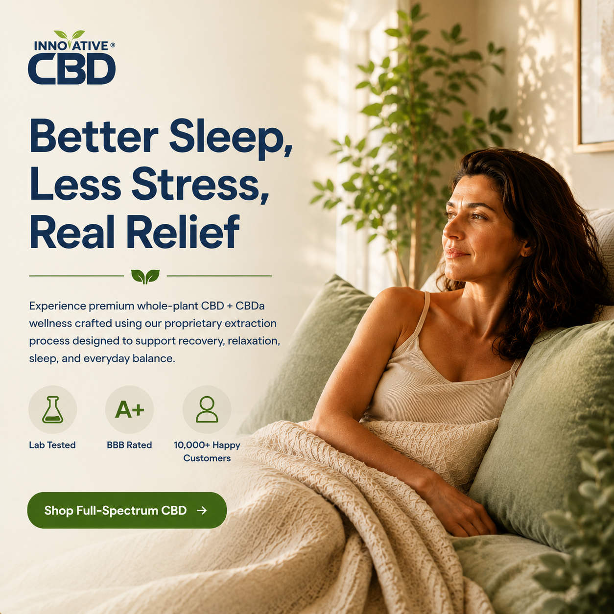 Hero banner for Innovative CBD featuring a woman relaxing in bed with messaging about better sleep, less stress, and natural full-spectrum CBD wellness support in a warm, calming home setting.